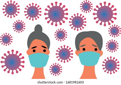 old people in masks, old man and old woman, coronavirus, virus pandemia vector art, illustration