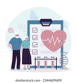 Old people medical check up. Aged patient healthcare, elderly effective lifestyle. geriatric patient health support. Senior adult woman and man, cardiology examination in hospital. vector illustration