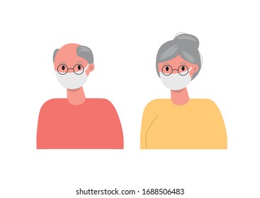 Old people in medical masks to protect themselves from pollution and viruses. Grandparents characters. Flat vector illustration.