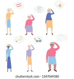 Old People With Memory Loss Vector Illustration. Set Of Old Women Trying To Remember Different Things. Flat Minimal Design Style