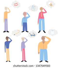 Old People With Memory Loss Vector Illustration. Set Of Old Men Trying To Remember Different Things. Flat Minimal Design Style