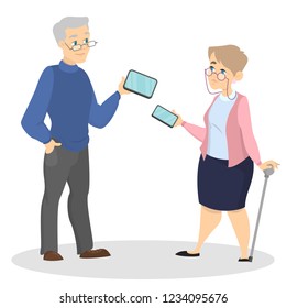 Old people with mobile phone. Person in senior age use smartphone for communication and internet connection. Isolated vector illustration in cartoon style