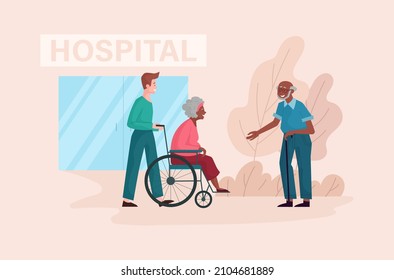 Old people near hospital.Grandmother sitting in wheelchair. Son brought his mother to clinic. Health care and diagnosis. Nurse takes elderly woman to doctor. Cartoon flat vector illustration