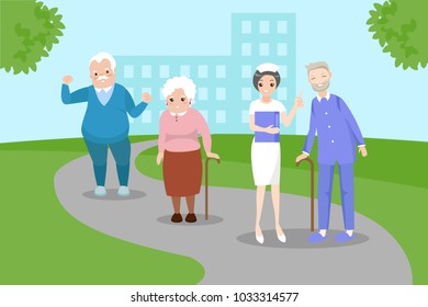 old people with nurse in the park
