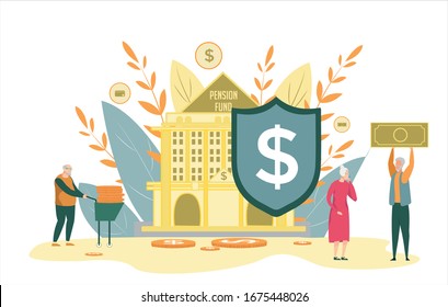 Old People Obtain Saving Money from Pension Fund. Pensioner in Casual Clothes near State Institution. Man Holding Big Banknote above, Granny Talking on Phone, Grandad and Wheelbarrow with Coin.