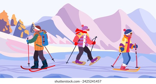 Old people on a ski trip. Mountain landscape with ski tracks. Winter holidays and travel. Minimalism. Vector illustration.