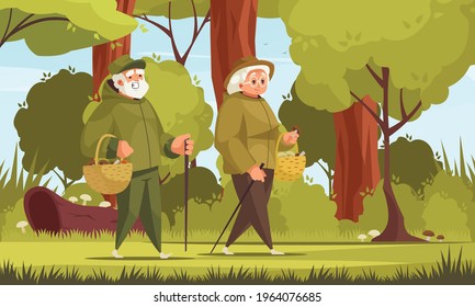 Old people outdoor activity cartoon composition with elderly couple gathering mushrooms in the wild vector illustration