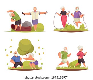 Old people outdoor fitness activity 4 cartoon compositions with jogging jumping rope exercising couples vector illustration