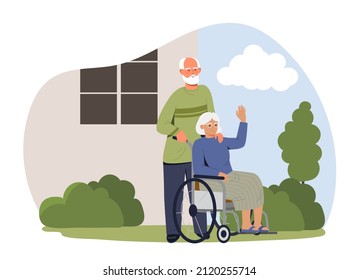 Old people outdoor. Husband helps his wife on wheelchair, care and love strong relationship. Elderly couple on walk, fresh air. Spring or summer day, vacation. Cartoon flat vector illustration