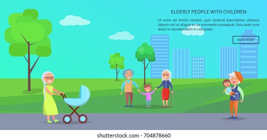 Old people in the park vector banner with senior lady with trolley, mature couples and grandpa holding grandson on background of skyscrapers
