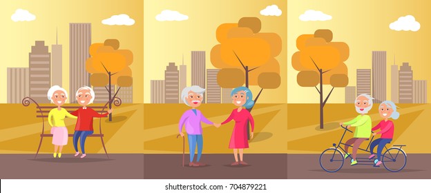 Old people in the park vector banner with happy mature couple riding bike on background of skyscrapers, husband and wife on retirement sit on bench at sunset