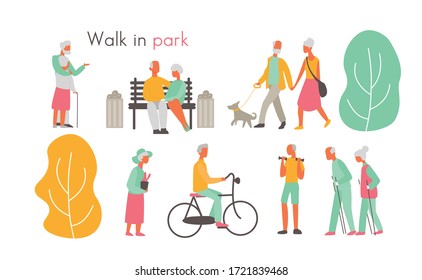 Old People In Park Vector Illustration. Cartoon Flat Elderly Active Characters Walking With Dog In Park, Sitting On Bench Together, Doing Sport Exercises Or Cycling. Outdoor Activity Isolated On White