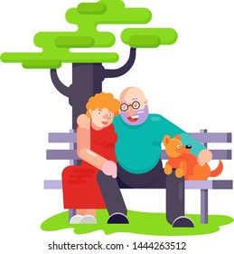 Old people pensioners play with best friend pet character dog or puppy illustration. Family playing with doggie animal on white background. Dog-breeding people together in park outdoor, happy time
