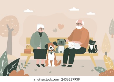 Ancianos con mascotas, ancianos aman a la pareja sentada en el banco con perros y gatos. Ciudadanos mayores sentados en un banco en el parque. Abuelos, pensionistas de edad avanzada con mascotas al aire libre. ilustración vectorial plana