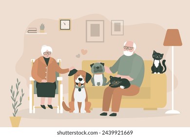 Old people with pets, elderly love couple sitting indoor on sofa with dogs and cats. Senior citizens sitting in living room interior. Grandparents, old-age pensioners with pets. vector illustration