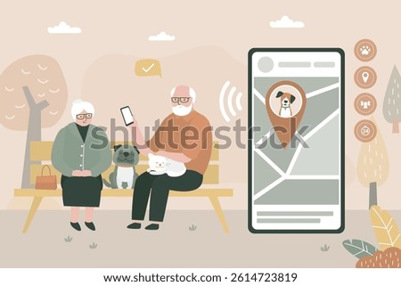 Old people with pets, elderly love couple sitting on bench with dog and cats. Senior citizens control for dog on mobile phone app. Pet tracking system, dog wearing GPS collar, location-tracking app.