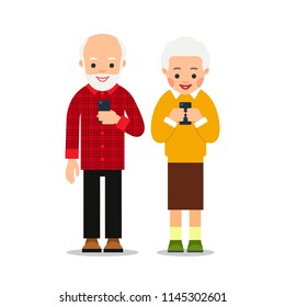 Old People With Phone. Elderly Persons, Man And Woman Standing And Holding Mobile Phone. Cartoon Illustration Isolated On White Background In Flat Style.
