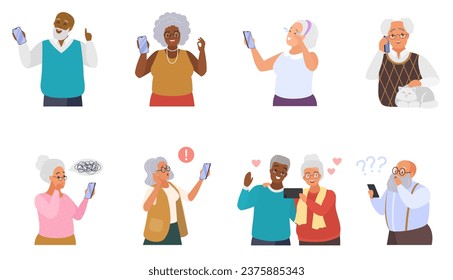 Old people with phones set vector illustration. Cartoon isolated senior woman and man hold smartphone with confused or happy, sad or worry expression on face, older users call on cellphone with smiles