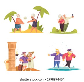 Old People Physical Activity Concept 4 Cartoon Compositions With Traveling Skating Playing Beach Volleyball Couples Vector Illustration