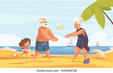 Old People Physical Activity Flat Composition With Grandparents Playing Beach Volleyball On Sand With Grandchildren Vector Illustration