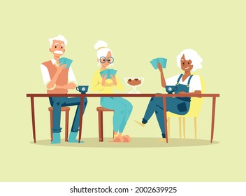 Old people play in card game sitting at table. Seniors family or elderly friends together spend time at home or retirement center. Entertainment for pensioners. Vector illustration