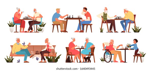 Old people play chess set. Elderly peope sitting at the table with chessboard. Chess tournament between old and young. Isolated vector illustration in cartoon style