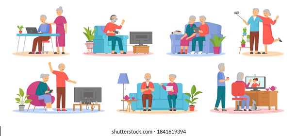 Old people play video game. Modern senior people gadgets. Oldster education computer. Old progressive use modern technology. Learning to use PC. Elderly couple gadgets. Aging parents video conference