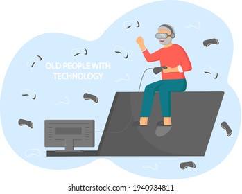 Old people play video game. Senior people with different gadgets. Oldster education on computer