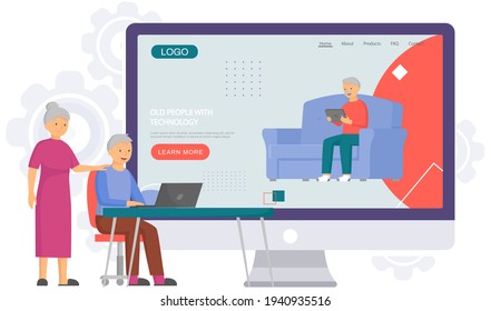 Old people play video game. Senior people with different gadgets. Oldster education on computer
