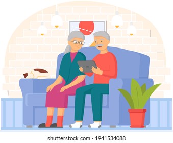 Old people play video game. Senior people with different gadgets. Oldster education on computer