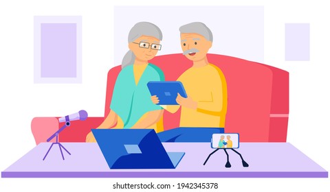 Old people play video game. Senior people with different gadgets. Oldster education on computer