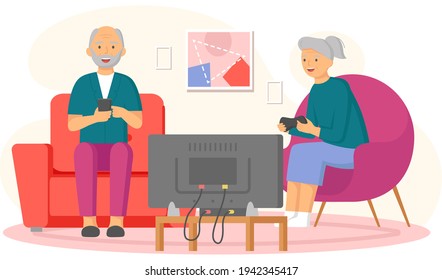 Old people play video game. Senior people with different gadgets. Oldster education on computer