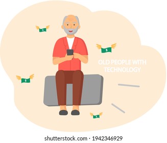 Old people play video game. Senior people with different gadgets. Oldster education on computer