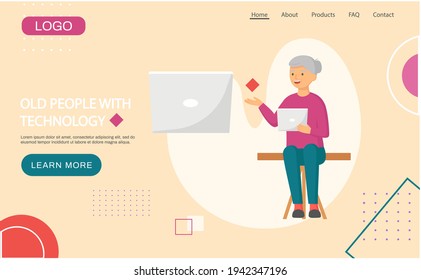Old people play video game. Senior people with different gadgets. Oldster education on computer