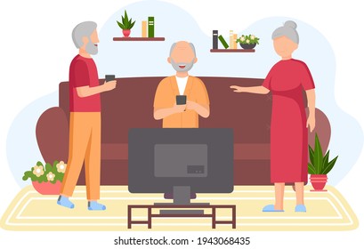 Old people play video game. Senior people with different gadgets. Oldster education on computer