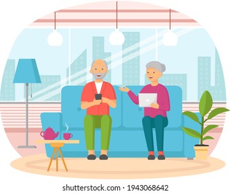 Old people play video game. Senior people with different gadgets. Oldster education on computer