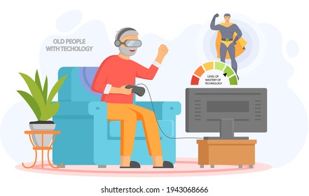 Old people play video game. Senior people with different gadgets. Oldster education on computer