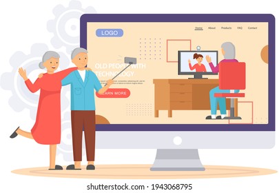 Old people play video game. Senior people with different gadgets. Oldster education on computer