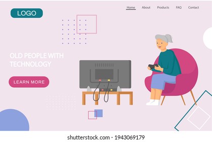 Old people play video game. Senior people with different gadgets. Oldster education on computer
