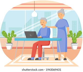 Old people play video game. Senior people with different gadgets. Oldster education on computer