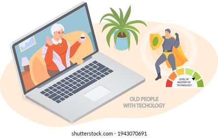 Old people play video game. Senior people with different gadgets. Oldster education on computer