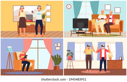 Old people play video game. Senior people with different gadgets. Oldster education on computer