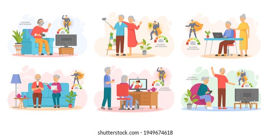 Old people play video game. Senior people with different gadgets. Oldster education on computer