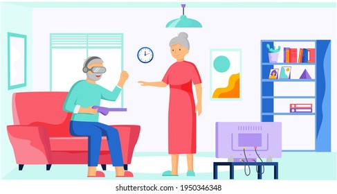 Old people play video game. Senior people with different gadgets. Oldster education on computer