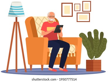 Old people play video game. Senior people with different gadgets. Oldster education on computer