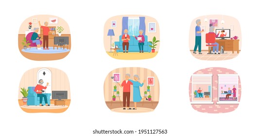 Old people play video game. Senior people with different gadgets. Oldster education on computer