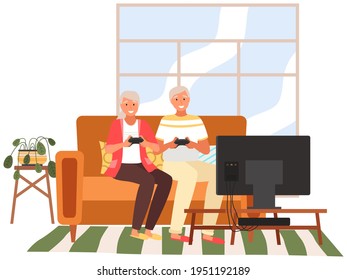Old people play video game. Senior people with different gadgets. Oldster education on computer