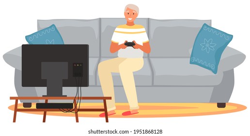 Old people play video game. Senior people with different gadgets. Oldster education on computer