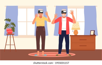 Old people play video game. Senior people with different gadgets. Oldster education on computer