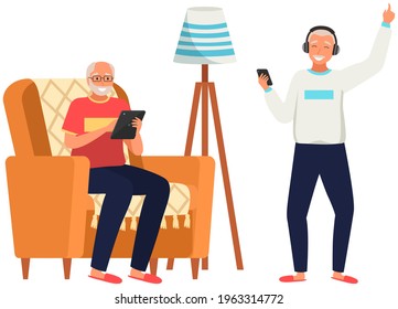 Old people play video game. Modern senior people gadgets. Oldster education computer. Old progressive use modern technology. Learning to use PC. Elderly couple gadgets. Leasing music on smartphone